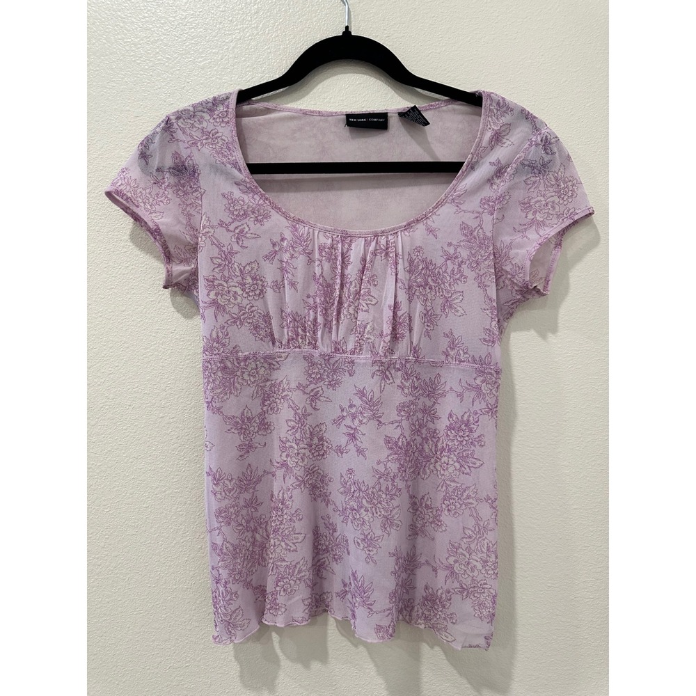 New York & Company Lavender Floral Mesh Top Y2K Sheer Empire Waist Purple Medium